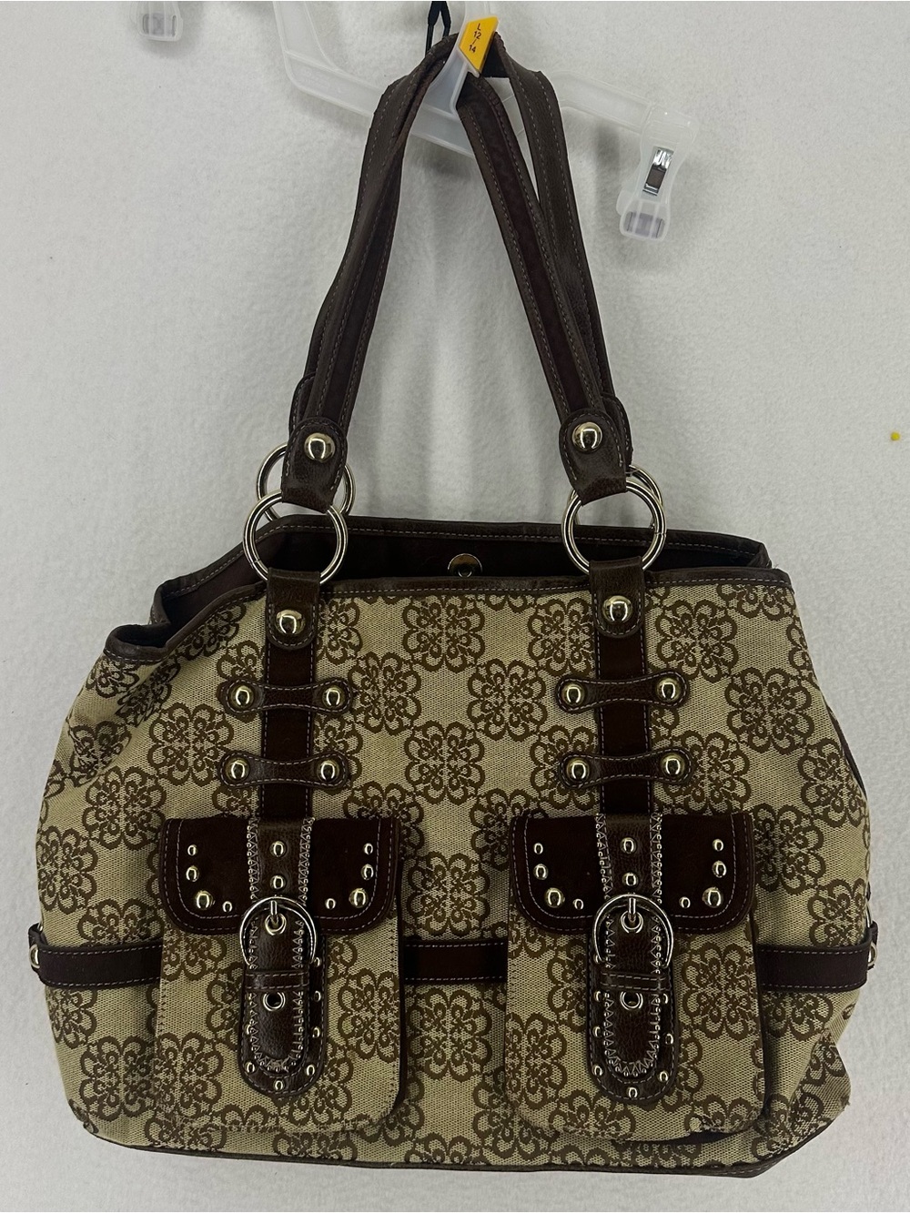 Kathy Van Zeeland Brown Floral Canvas Shoulder Tote Bag Buckle Stud Y2K Purse